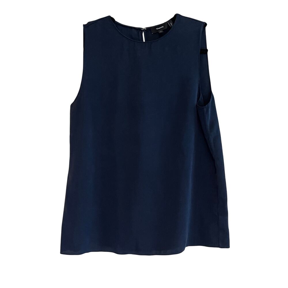 Theory Sleeveless Blouse Tank Top Shell 100% Silk Georgette Navy Blue Medium - Picture 2 of 9